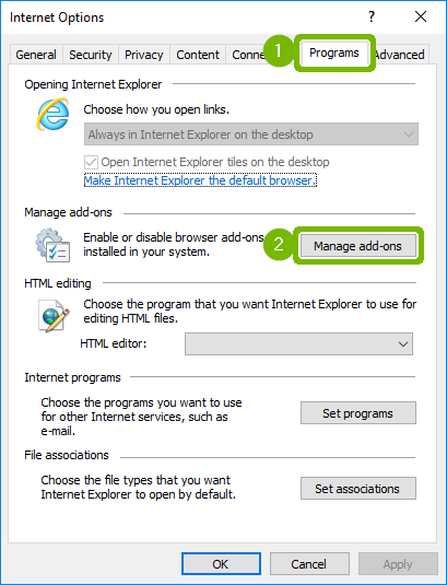 Internet Options with Programs tab and Manage add-ons button highlighted.
