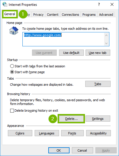 Internet options with general and delete highlighted. Screenshot