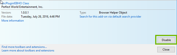 Add-on screen with disable highlighted. Screenshot