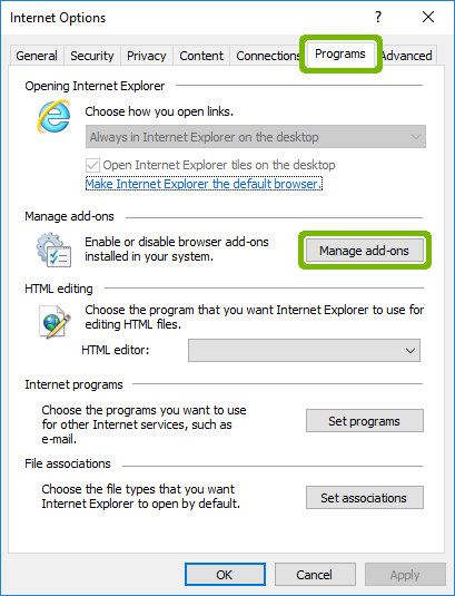 Internet Options with Programs tab and Manage add-ons button highlighted.