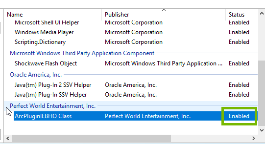 Add-ons list with Enabled highlighted. Screenshot