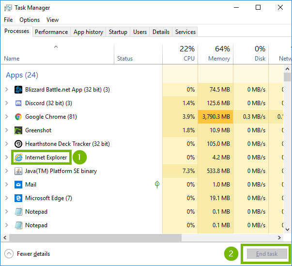 Task Manager with Internet Explorer and End task highlighted. Screenshot