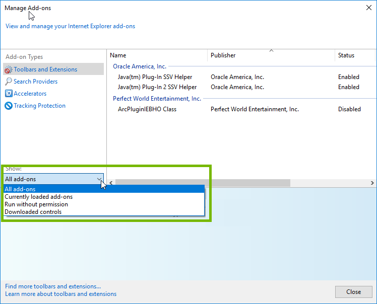 Add-ons menu with different sections highlighted. Screenshot