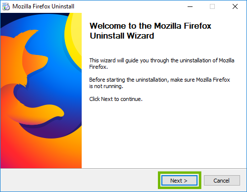 Firefox uninstall wizard welcome with Next highlighted.