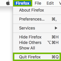 Firefox menu with Quit Firefox highlighted.