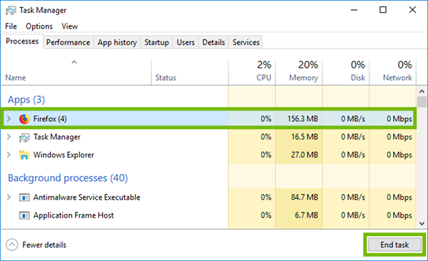 Task Manager with Firefox and End Task highlighted.