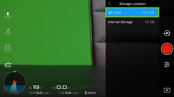 DJI app showing the amount left on the SD card