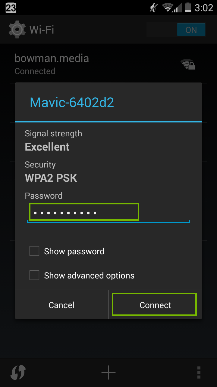 Wi-Fi password entry with Connect highlighted.