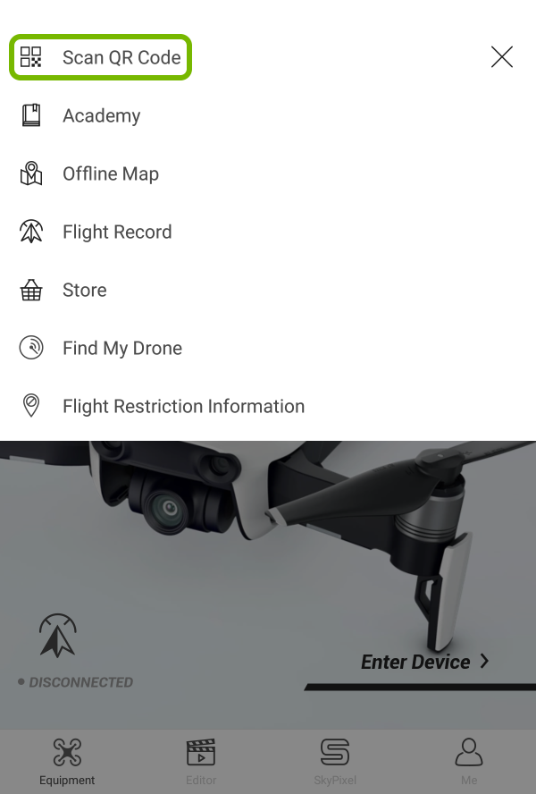 Scan QR Code option highlighted in app menu.