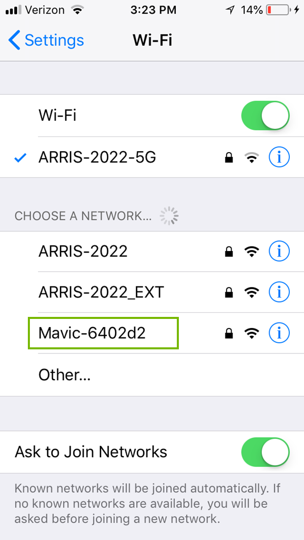 Wi-Fi list with Mavic highlighted. Screenshot