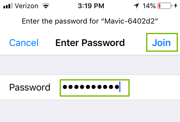 Wi-Fi password entry with Join highlighted. Screenshot