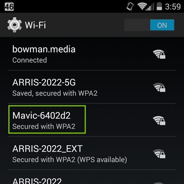 Wi-Fi list with Mavic highlighted. Screenshot