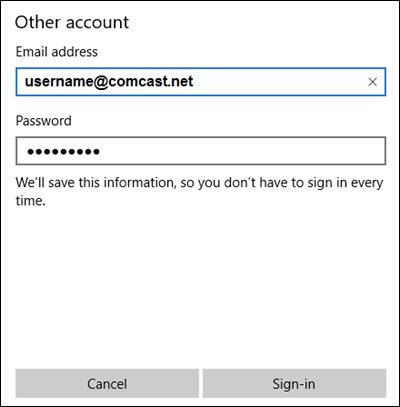 Windows mail enter email account fields