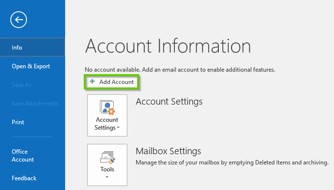 Outlook add account button