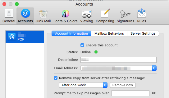 Mac Mail showing created POP account