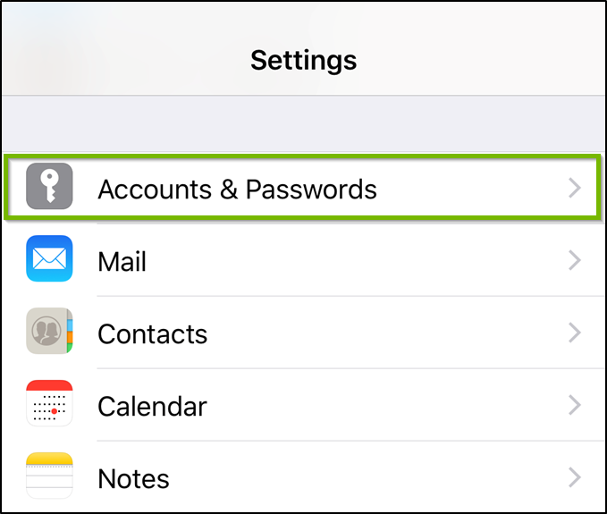 iOS Settings screen with accounts and passwords highlighted.