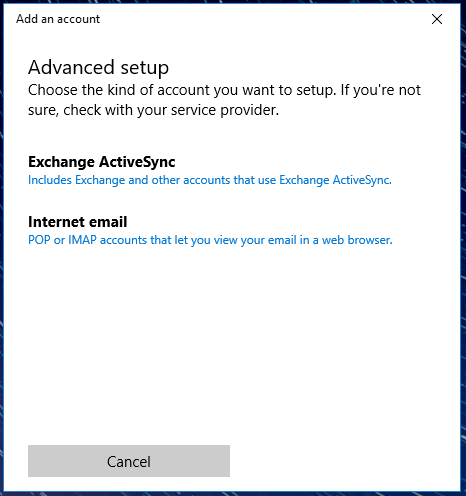 Windows mail advanced setup showing Internet mail.