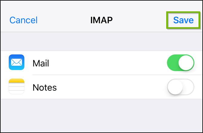 iOS add account select options screen, with save option highlighted.