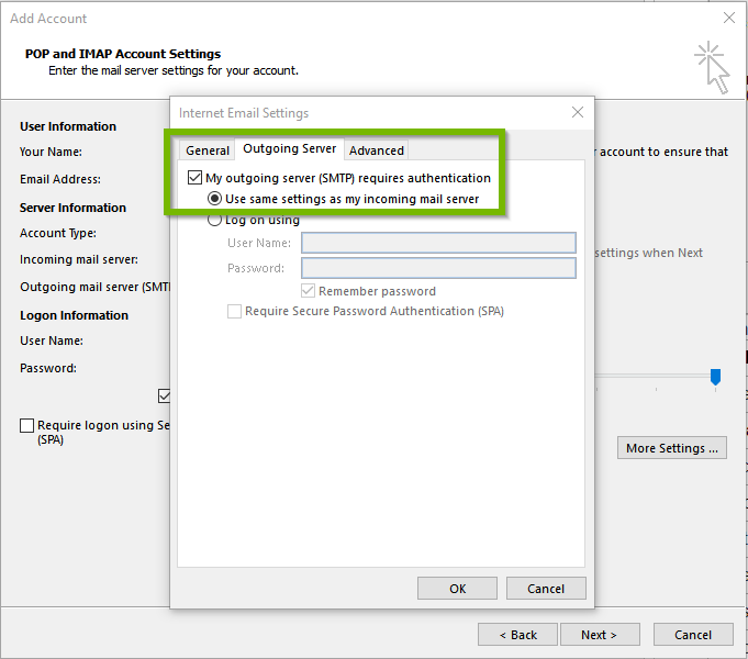 Outgoing Server settings.
