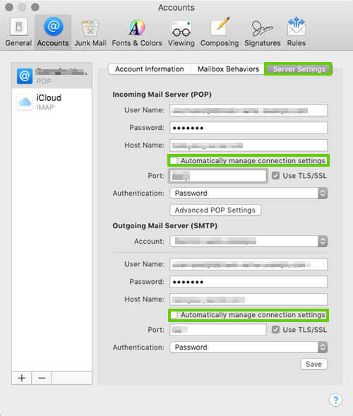 Mac mail settings showing server settings