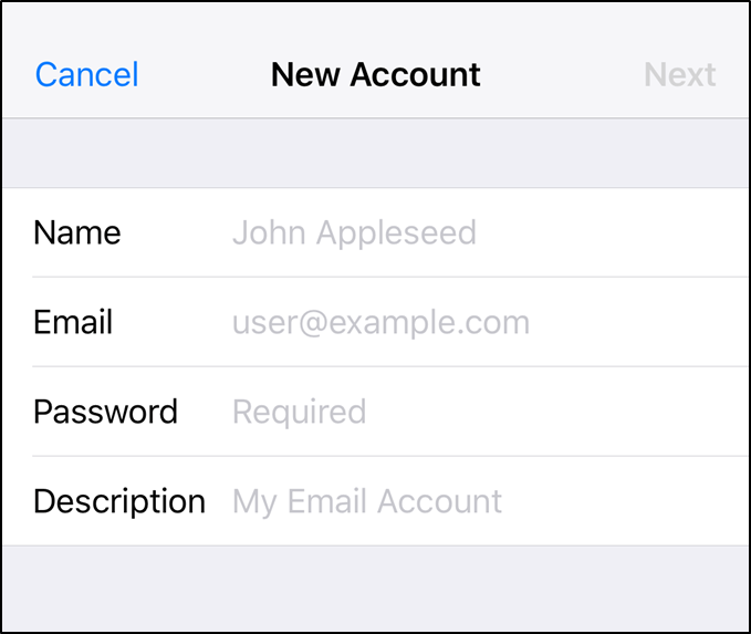 iOS New account screen.