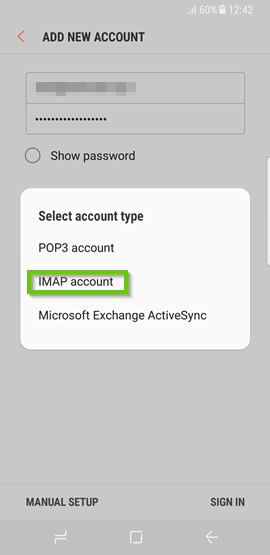 Android menu showing account types