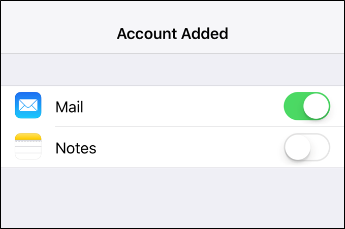 iOS account added successfully screen.