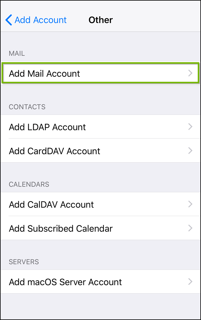 iOS Other screen with add mail account highlighted.