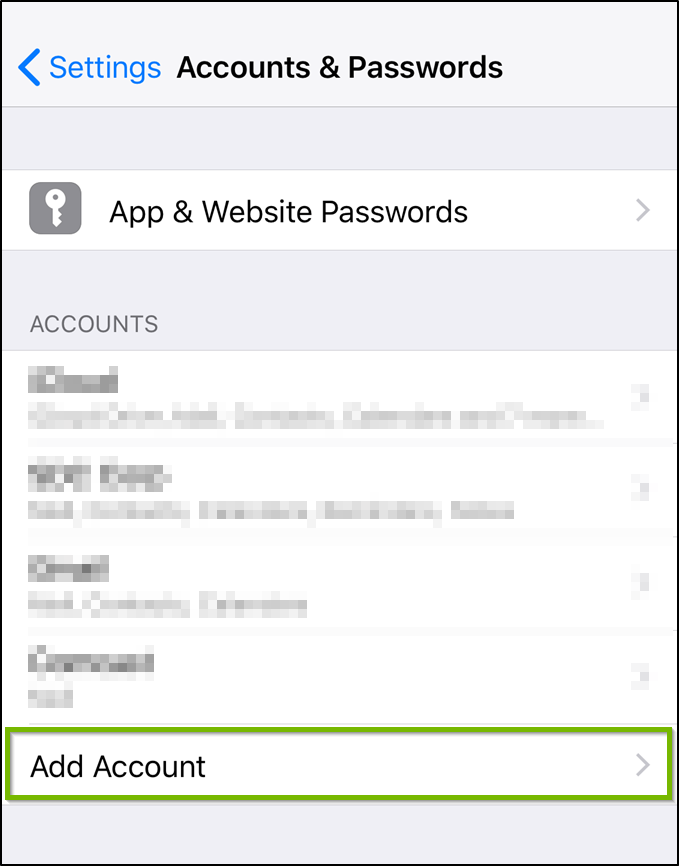 Accounts and passwords screen with add account highlighted.