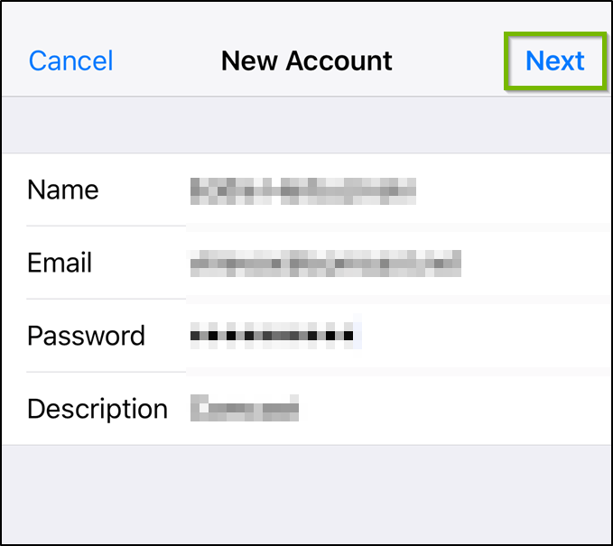 New account screen with next highlighted.