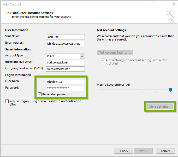 Logon Information with username and password filled in.