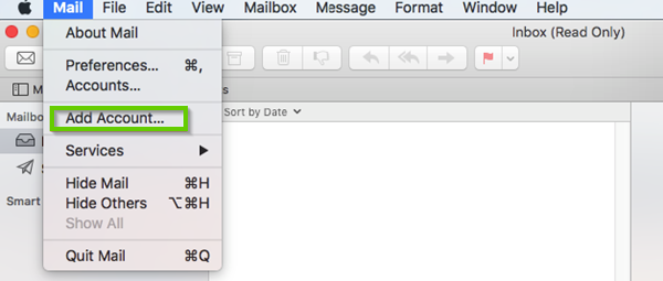 Mac Mail mail menu drop down showing add account