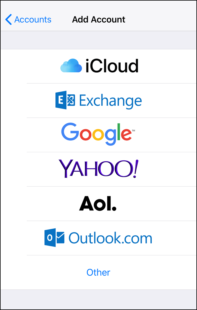 iOS Add account screen.