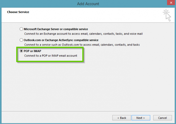 Outlook pop or imap selection