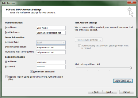Comcast account settings for Outlook