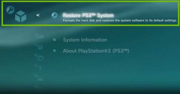 PS3 Menu with Restore ps3 System highlighted. Screenshot