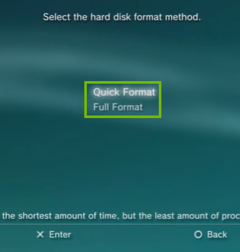 PS3 Menu with Quick and Full Format options highlighted. Screenshot