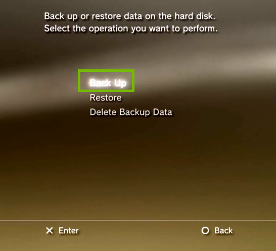 Backup utility with Back Up highlighted. Screenshot