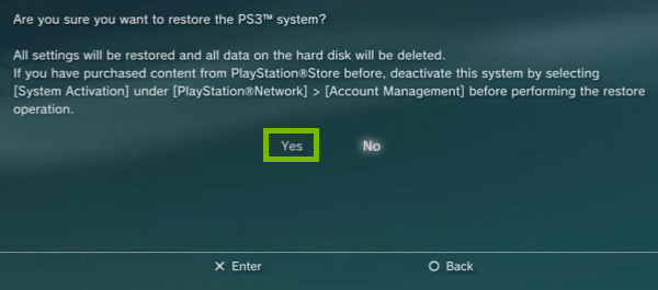 PS3 Confirmation with yes highlighted. Screenshot