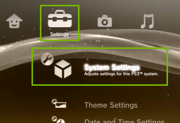 PS3 Menu with Settings and System Settings highlighted. Screenshot