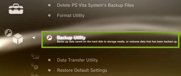 System settings menu with Backup Utility highlighted. Screenshot