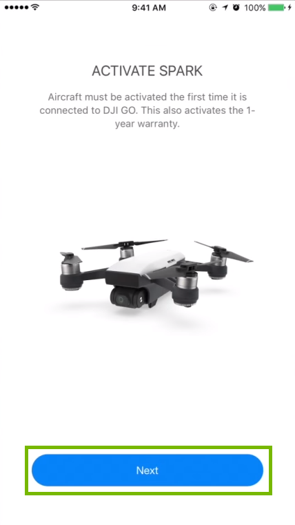 App splash screen with Next highlighted. Screenshot