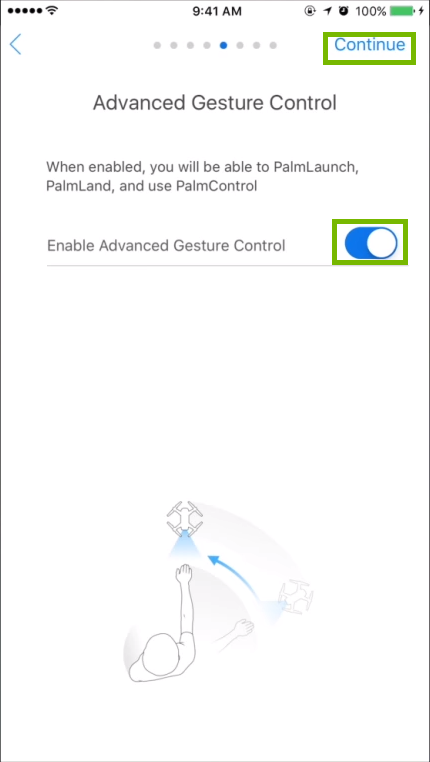 Advanced Gesture Control with On off slider and Continue highlighted. Screenshot