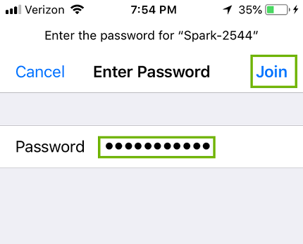 Wi-Fi password entry with Join highlighted. Screenshot