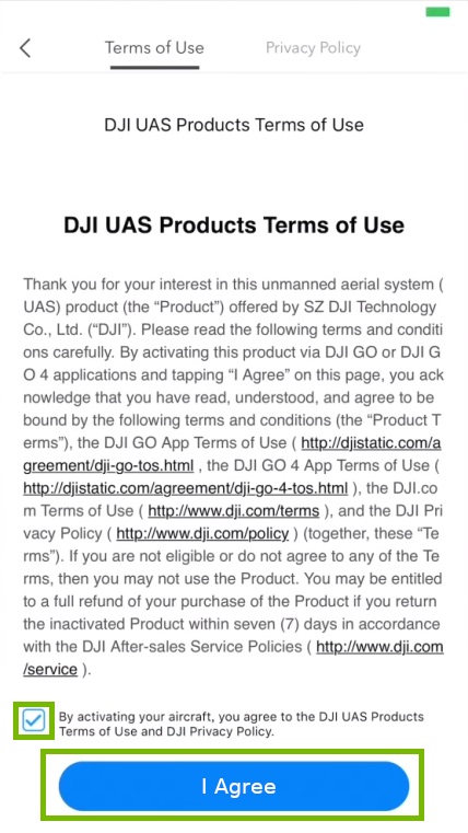 Terms of use screen with checkbox and I agree highlighted. Screenshot