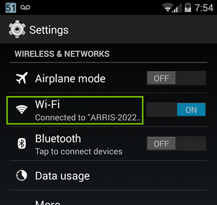 Settings menu with Wi-Fi highlighted. Screenshot