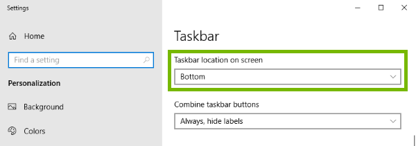 Taskbar location on screen option highlighted in Windows settings.