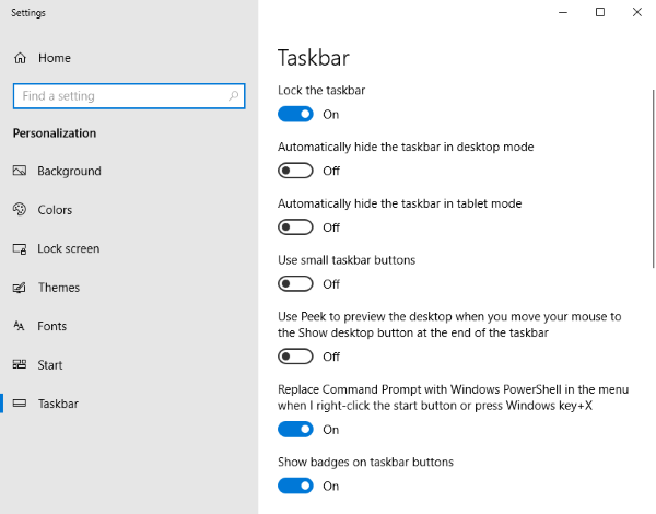 Windows Taskbar Settings.