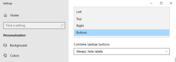 Choices for Taskbar location on screen showing in selection menu.