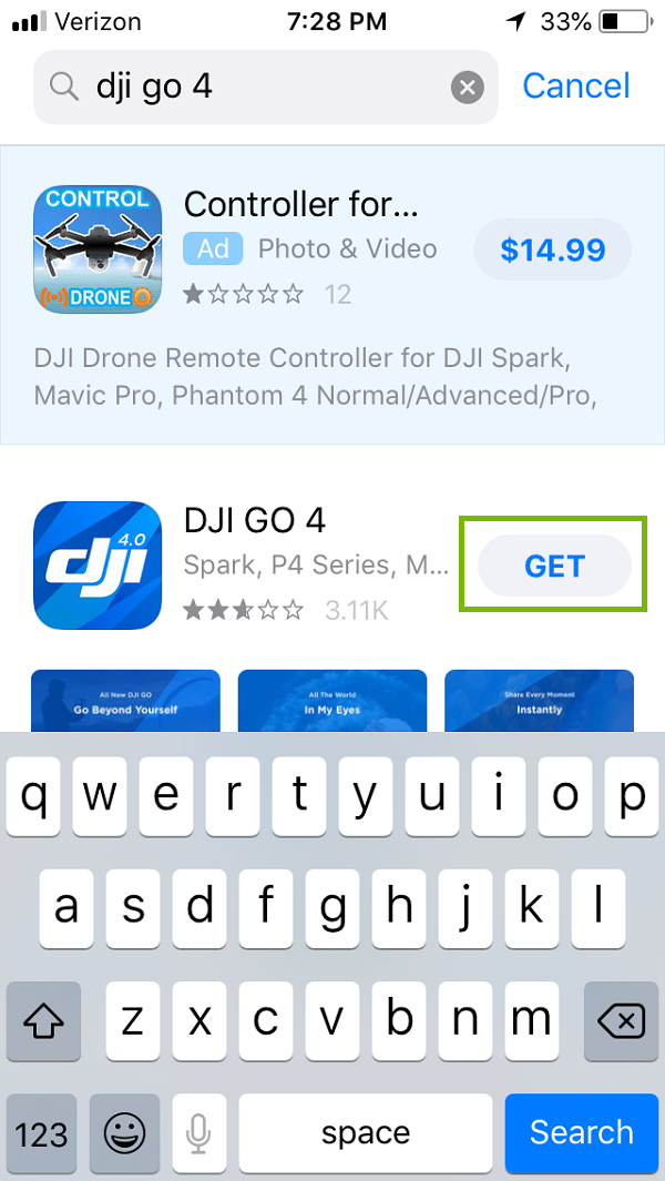 DJI Pro 4 search with GET highlighted. Screenshot